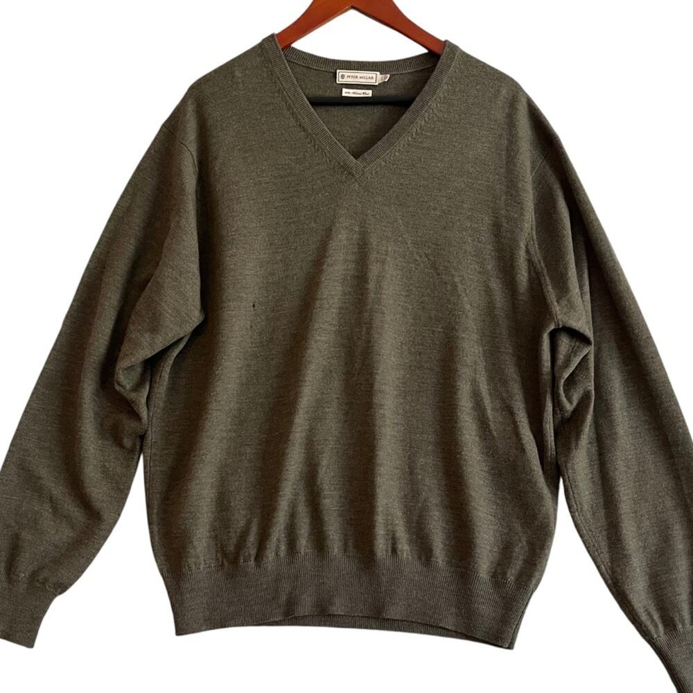 Peter Millar Merino Wool V-Neck Sweater Men’s Large Olive Green Relaxed Fit Luxe